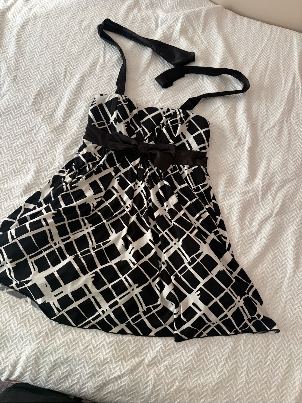 Speechless Black and White Halter Mini Dress with Bow